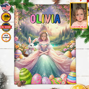 Personalized Easter Blanket, Easter With Princess And Bunny Custom Face And Name Blanket, Blanket for Easter Day, Girl Princess Blanket, Easter Gift