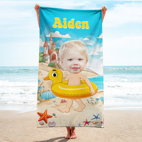 Image of Personalized Name & Photo Custom Face Kid Sand Beach Sea View Beach Towel