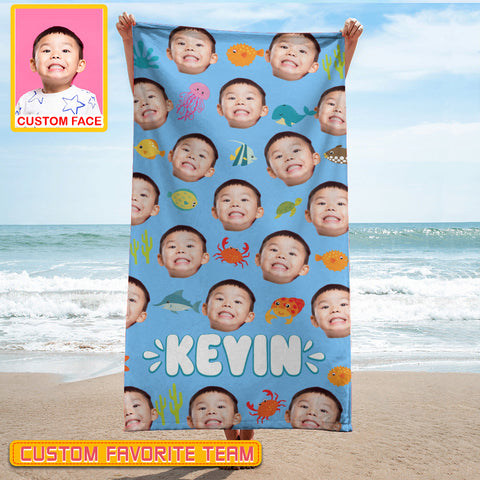 Image of Personalized Name & Photo Boy Custom Face Sea Animals Ocean Animals Beach Towel, Summer Gifts