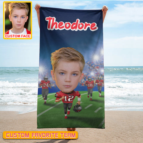 Image of Personalized Name & Photo Custom Face Custom Number Kid Big Face American Football Beach Towel