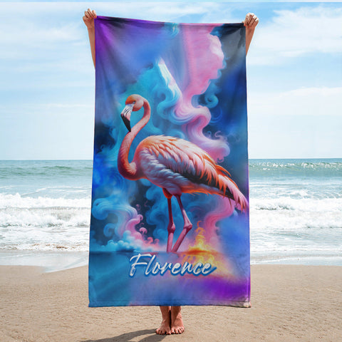 Image of Personalized Name Flamingo Beach Towel, Psychedelic Smoke Flamingo Beach Towel, Customized Gifts for Animals Lovers