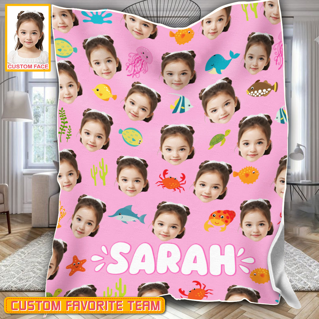 Personalized Name & Photo Girl Custom Face Sea Animals Ocean Animals Blanket