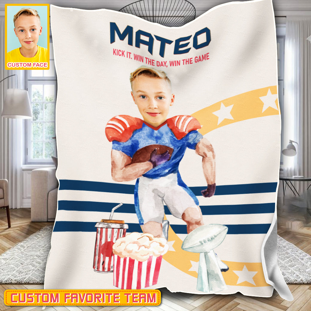 Personalized Name & Photo Kick It Win The Day American Football Blanket, Sport Blanket, Football Lover Gift