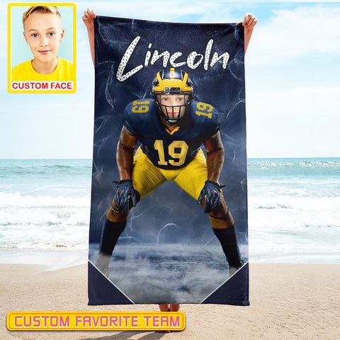 Image of Personalized Name & Photo Dynamic Particle Creative American Football Beach Towel