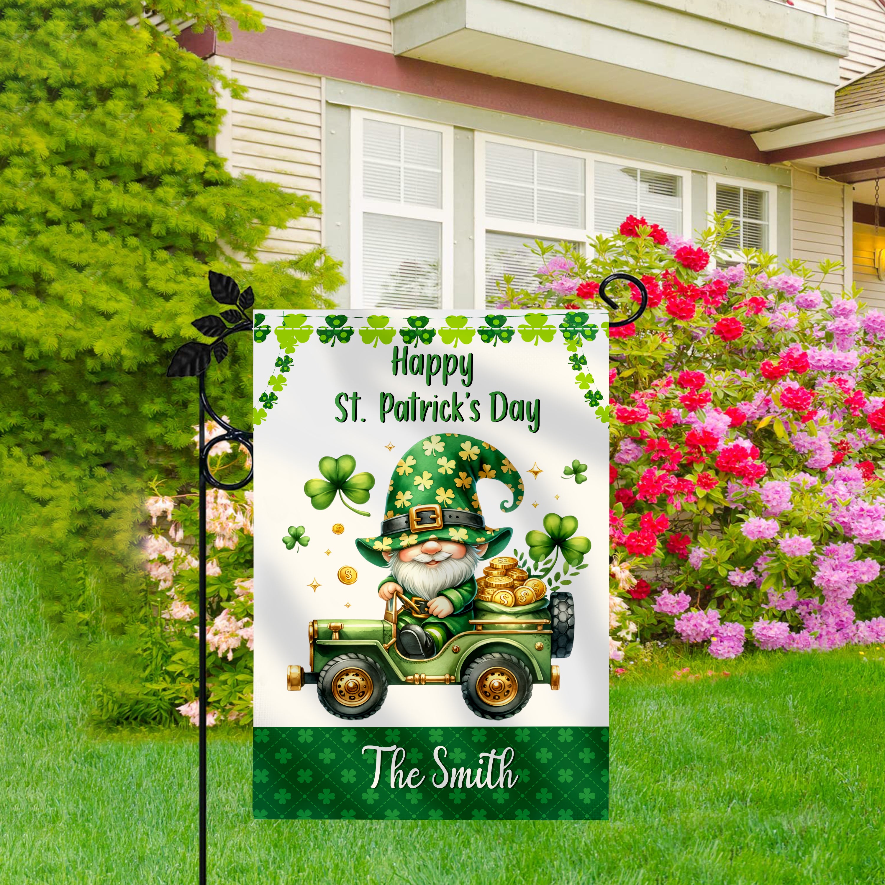 Personalized St. Patrick's Day Flag, Custom Name Flag, Double Side Garden Flag, Clove Gnome Flag,