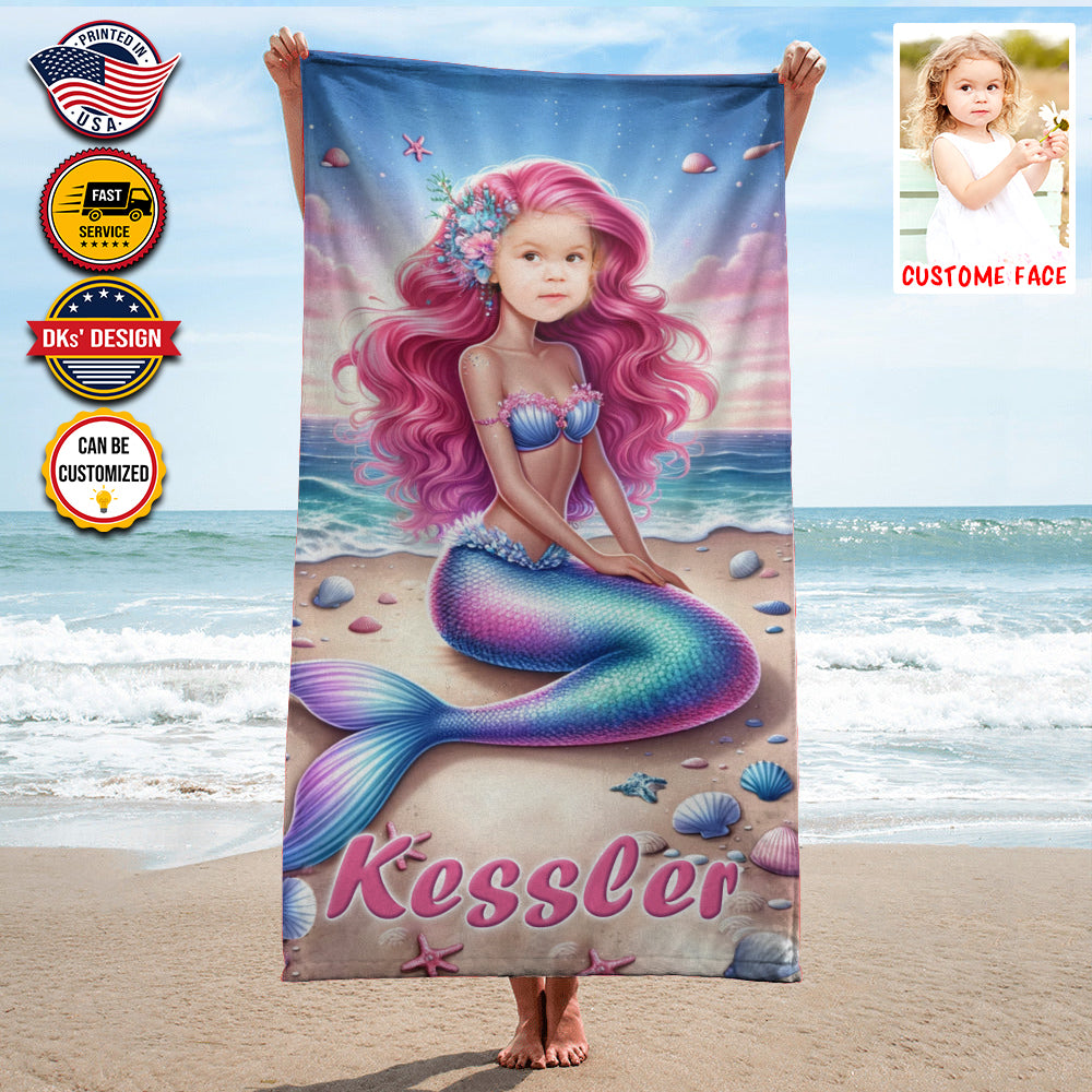 Personalized Name & Photo Summer Mermaid Pearl Beach Towel