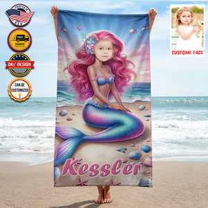 Personalized Name & Photo Summer Mermaid Pearl Beach Towel