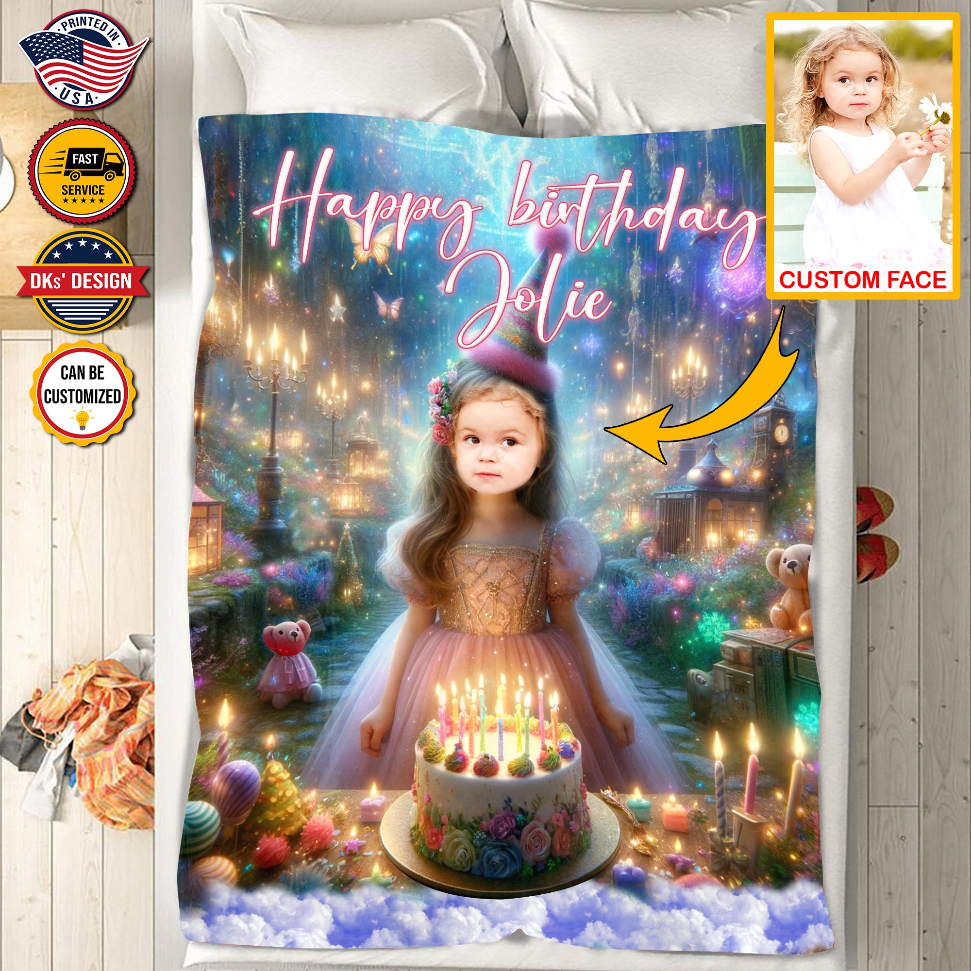 Personalized Birthday Bliss Princess 2 Custom Face And Custom Name Blanket, Girl Birthday Blanket, Princess Blanket for Girl, Birthday Gift