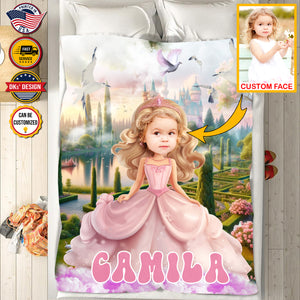 Personalized Fairytale Bliss Custom Face And Custom Name Blanket, Girl Blanket,Princess Blanket for Girl, Gift For Daughter, Baby Shower Gift