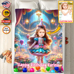 Personalized Birthday Bliss Princess 1 Custom Face And Custom Name Blanket, Girl Birthday Blanket, Princess Blanket for Girl, Birthday Gift
