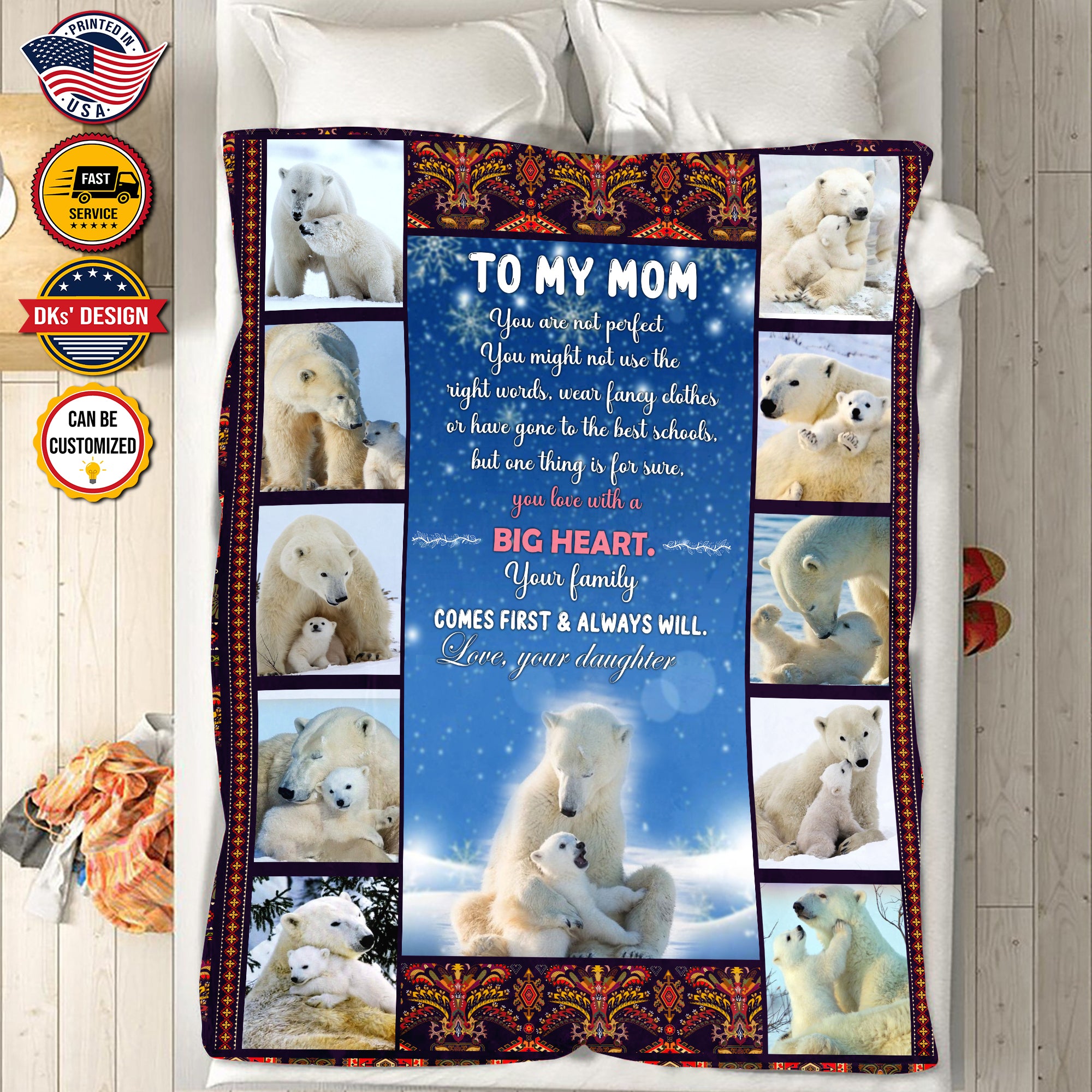 Personalized Mom Blanket, Polar Bear Mom Blanket, Christmas Gift, Birthday Gift, Mother's Day Gifts for Mom for Her