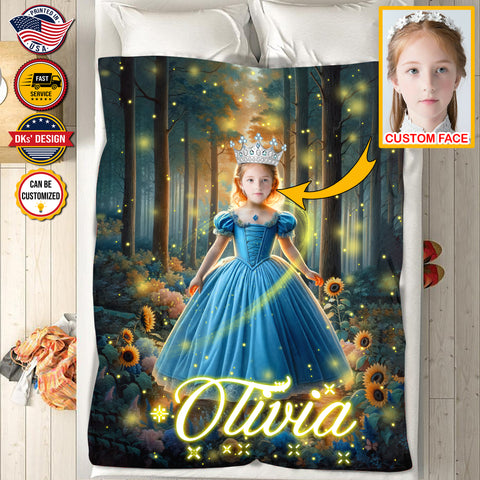 Image of USA Printed Custom Blanket | Forest Princess Personalized Sunflower Blanket, Custom Face And Custom Name Blanket, Girl Blanket, Personalize Blanket, Princess Blanket for Girl, Gift For Daughter, Baby Shower Gift, Birthday Gift, Christmas Gifts