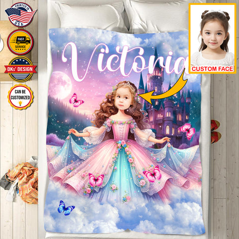 USA Printed Custom Fairytale Blanket | Princess With The Whimsical Pink Fairytale Castle Custom Face And Custom Name Blanket, Girl Blanket, Personalize Blanket, Princess Blanket for Girl, Gift For Daughter, Baby Shower Gift, Birthday Gift, Christmas Gifts