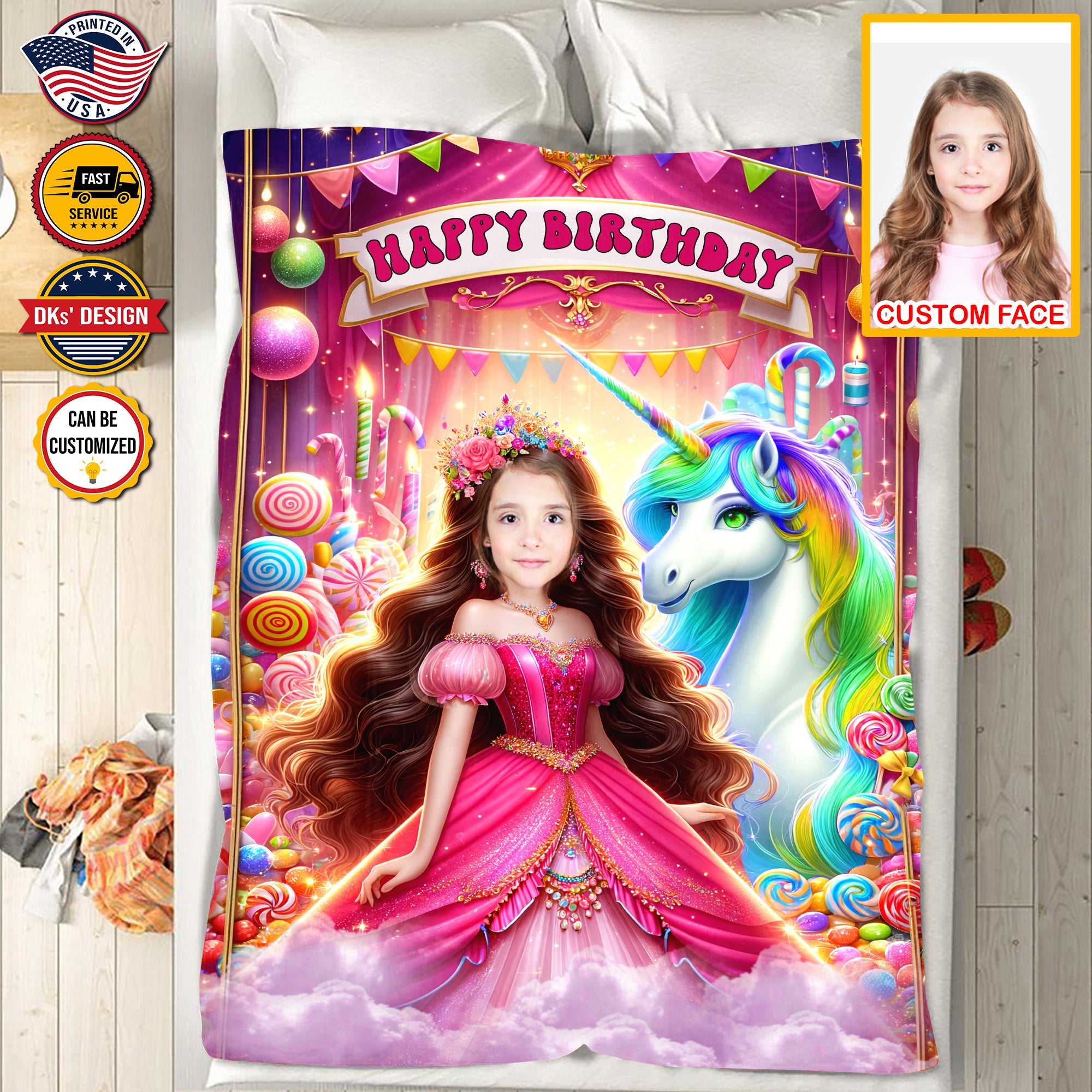 Personalized Beautiful Princess Birthday Custom Face And Custom Name Blanket, Girl Birthday Blanket, Unicorn Blanket, Fairy Tail Blanket, Birthday Gifts