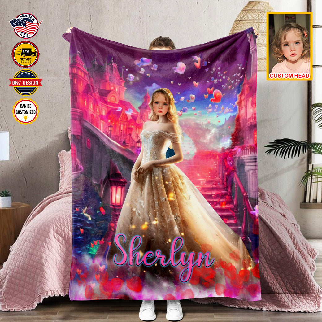 Personalized Fairytale Blanket, Princess And Pink Castle Blanket, Custom Face And Name Blanket, Girl Blanket, Princess Blanket for Girl