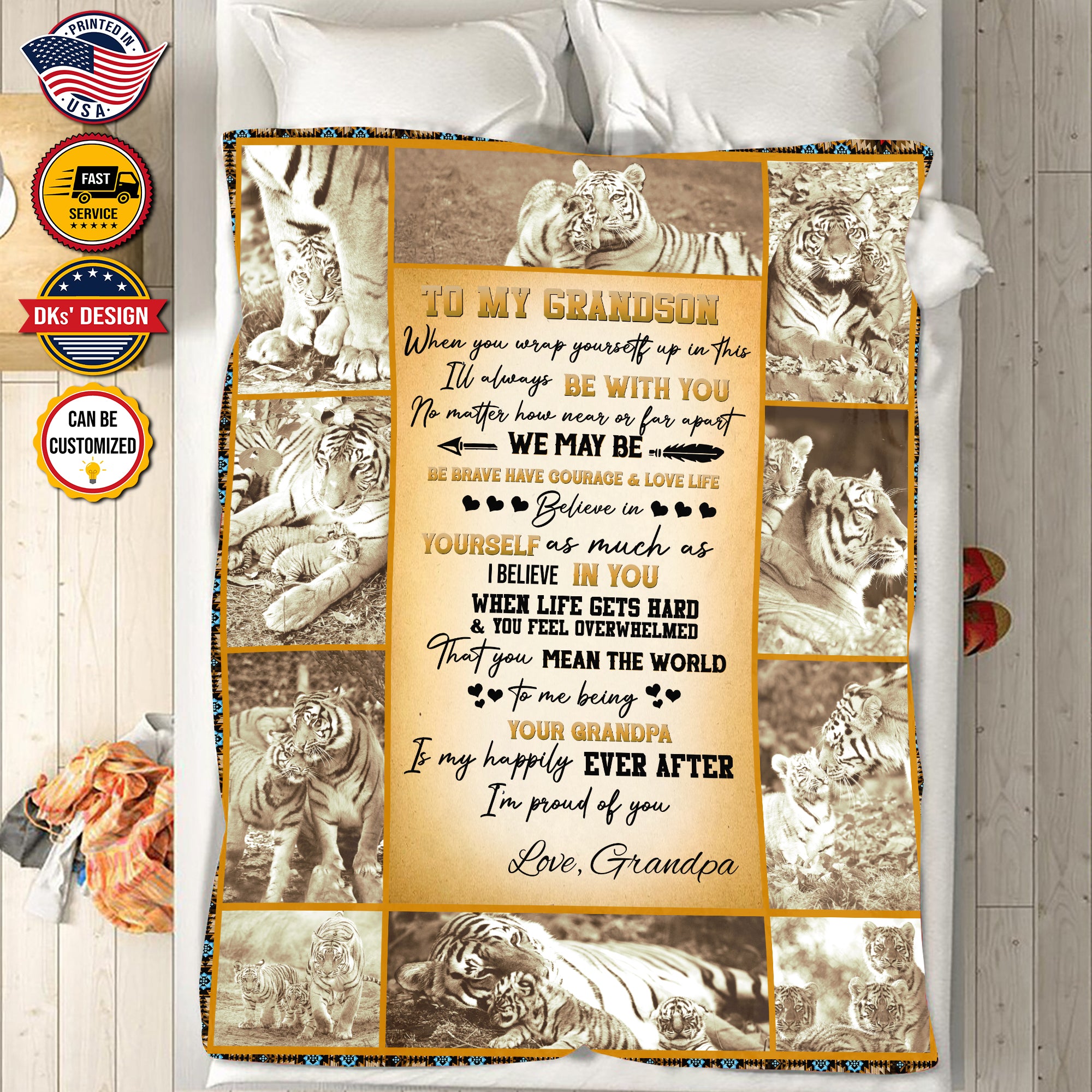 Personalized Grandson Blanket  Tiger To My Grandson Blanket, Blanket for Grandson, Birthday Blanket, Message Blanket, Gift For Grandson