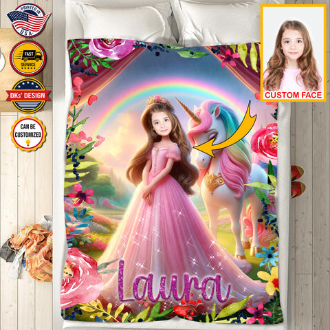 Image of Personalized Fairytale Blanket, Princess & Unicorn's Forest Custom Face And Name Blanket, Girl Blanket, Princess Blanket for Girl, Unicorn Blanket Gift