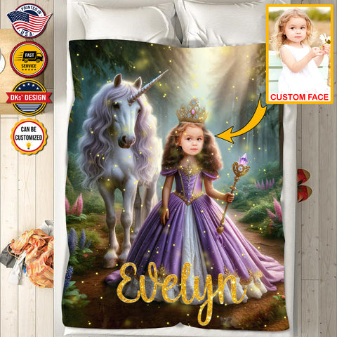 Image of USA MADE Custom Blanket | Princess Unicorn Custom Face And Custom Name Blanket | Fairy Tale Girl Blanket, Personalize Blanket, Princess Blanket for Girl, Gift For Daughter, Baby Shower Gift, Christmas Gifts