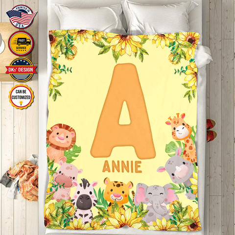 Image of Personalized Safari Initial Animals Baby Kid Custom Name Blanket, Baby Animal Blanket, Safari Animals Blanket, Baby Shower Gifts, Birthday Gifts