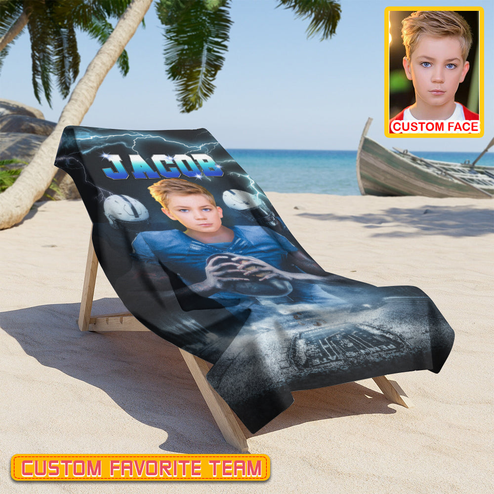 Personalized Name & Photo Super Star American Football Beach Towel, Sport Beach Towel, Football Lover Gift