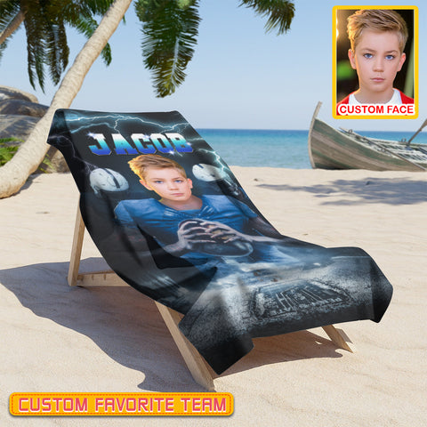 Image of Personalized Name & Photo Super Star American Football Beach Towel, Sport Beach Towel, Football Lover Gift