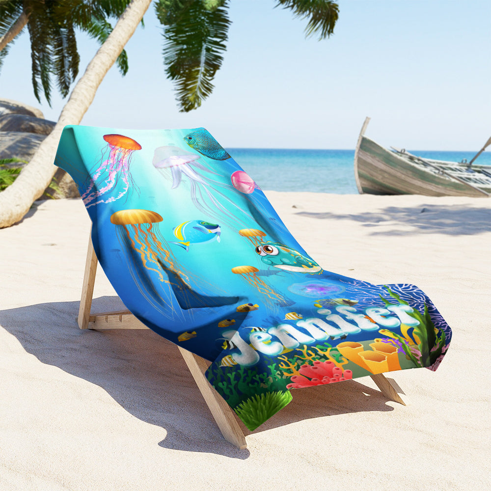 Personalized Name Sea Animals Jellyfish Fish Deep Sea Corals Beach Towel