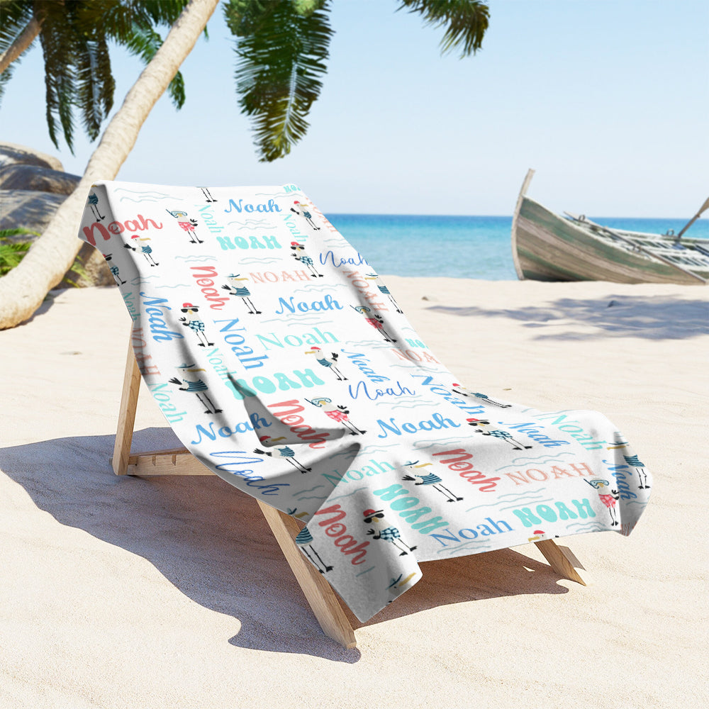 Personalized Name Sea Animals Seagull Custom Name Beach Towel