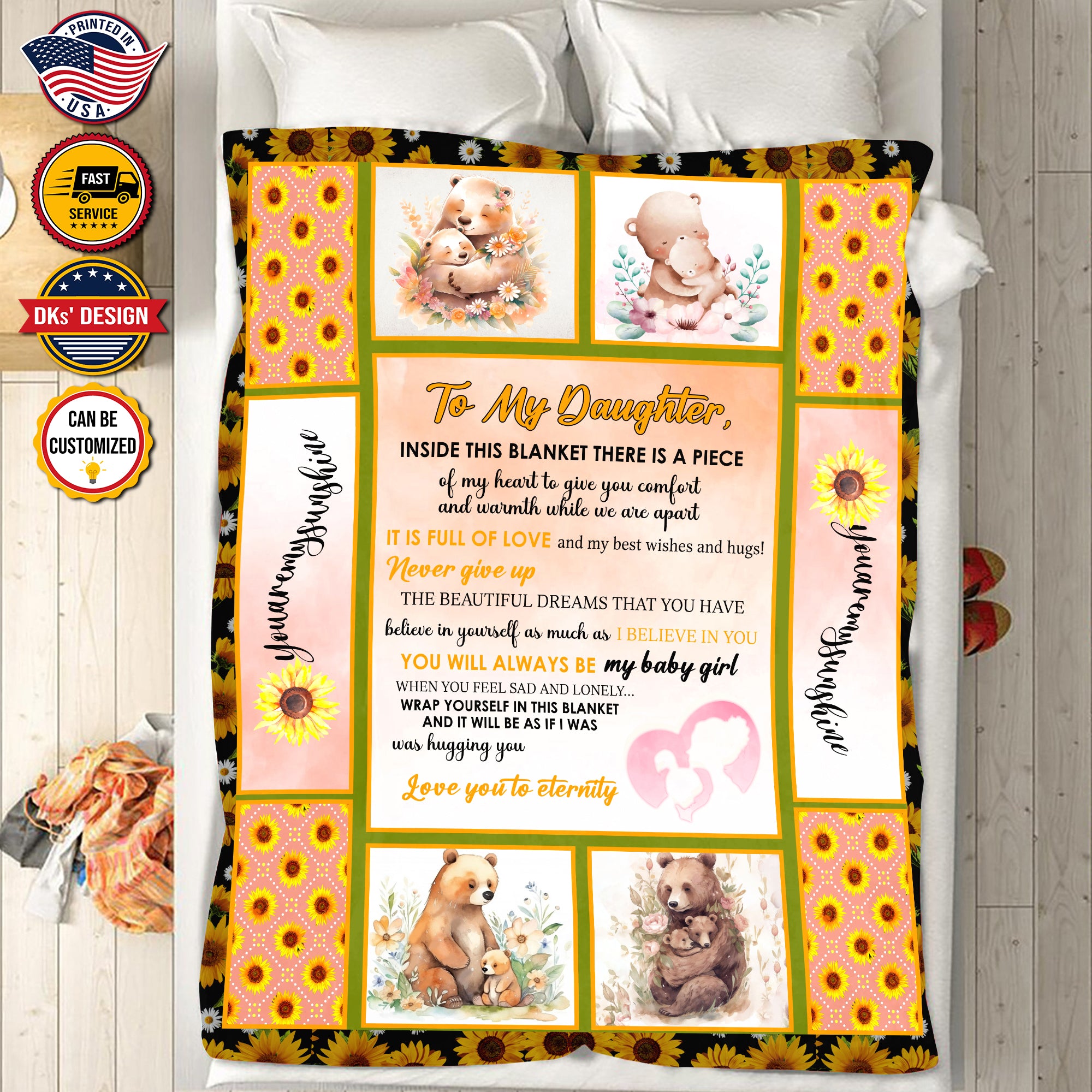 Personalized Bear Sunflower To My Daughter Throw Blanket, Message Blanket, Daughter Blanket, Family Baby Bear Blanket, Animal Blanket