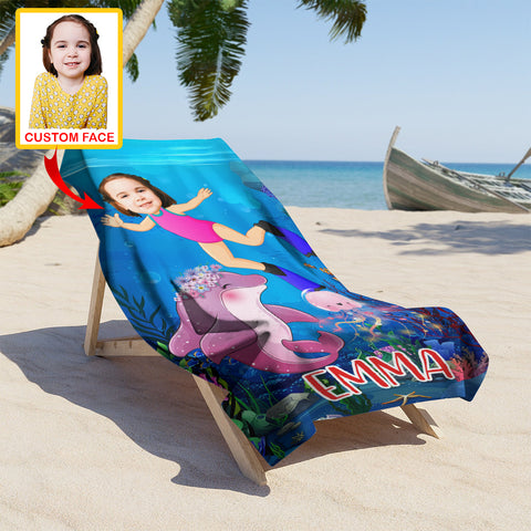Image of Personalized Name & Photo Dolphin Girl Under The Sea Beach Towel