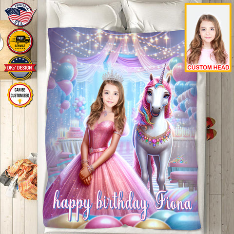 Image of Personalized Baby Girl Blanket, Custom Happy Birthday Princess Blanket, Fairy Tale Girl Blanket, Princess Blanket for Girl, Baby Shower Gift