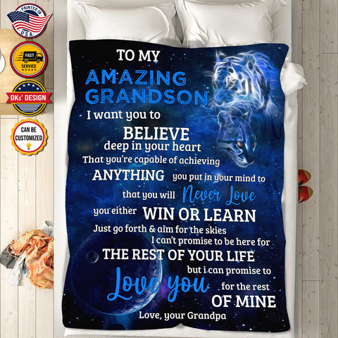 Image of Personalized To My Grandson Custom Name Blanket, Message Blanket, Blue Lion And Baby Blanket, Grandson Lion Blanket, Grandson Gift
