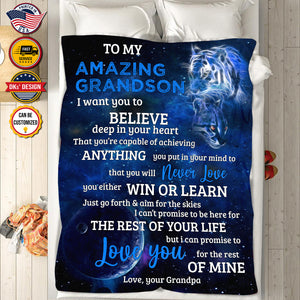 Personalized To My Grandson Custom Name Blanket, Message Blanket, Blue Lion And Baby Blanket, Grandson Lion Blanket, Grandson Gift
