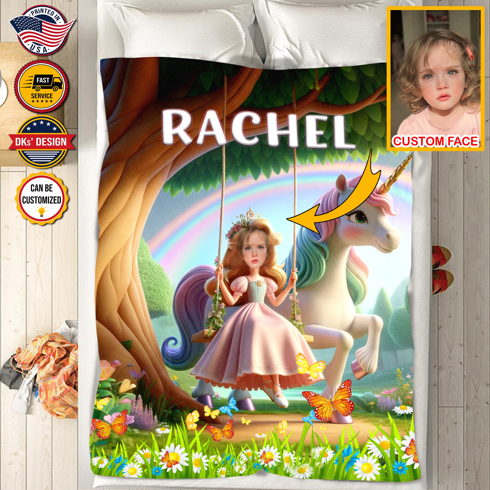 Personalized Fairytale Blanket, Unicorn and Princess In The Royal Woods, Custom Face Name Blanket, Girl Blanket, Unicorn Blanket Gift For Daughter