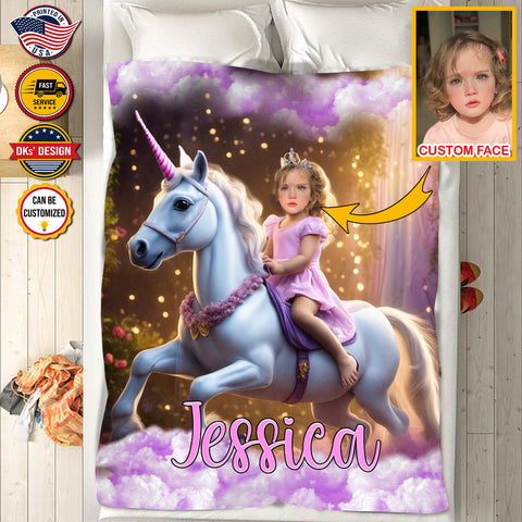 Image of USA MADE Custom Blanket | Princess Riding Unicorn Custom Face And Custom Name Blanket | Fairy Tale Girl Blanket, Personalize Blanket, Princess Blanket for Girl, Gift For Daughter, Baby Shower Gift, Christmas Gifts