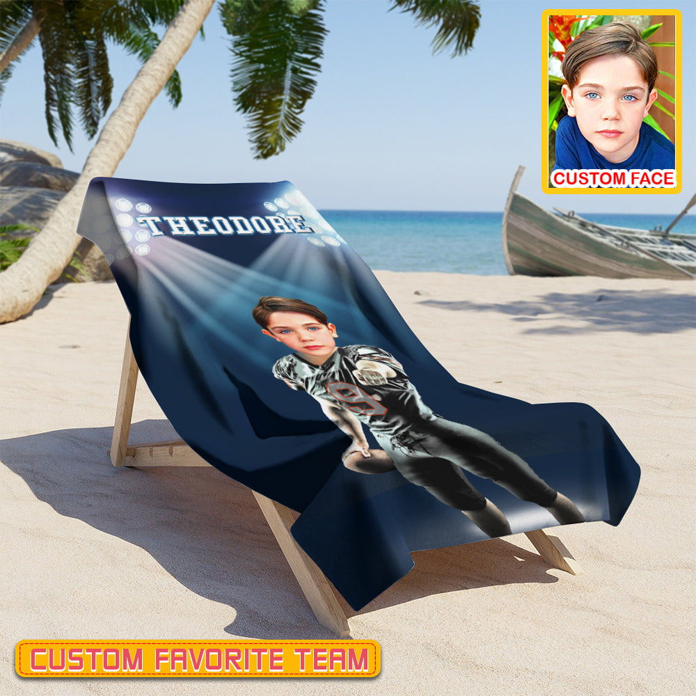 Personalized Name & Photo Under The Spotlight American Football Beach Towel, Sport Beach Towel, Football Lover Gift