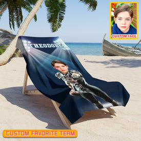 Personalized Name & Photo Under The Spotlight American Football Beach Towel, Sport Beach Towel, Football Lover Gift