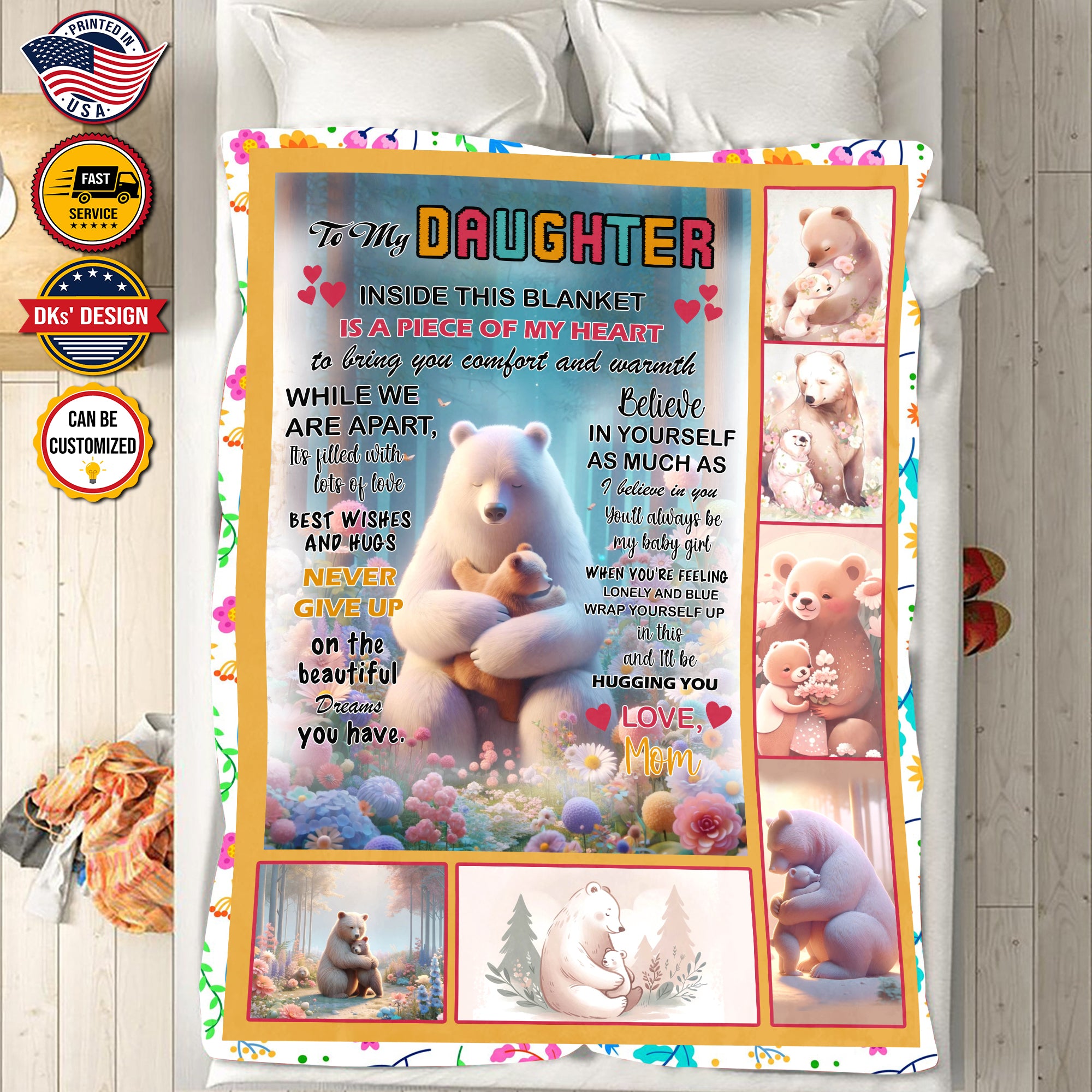 Personalized Daughter Blanket, Family Bear To My Daughter Blanket, Message Blanket, Birthday Gifts, Christmas Gifts for Girl for Daughter