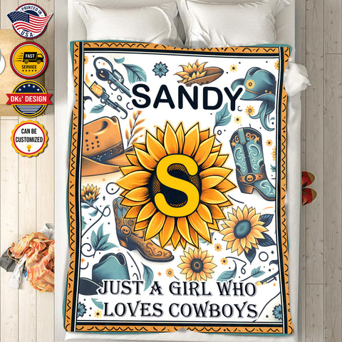 Image of USA Printed Custom Cowboy Blanket | Wild West Sunflower Cowboy Custom Name Blanket, Cowgirl Blanket, Personalized Cowboy Blanket, Sherpa Blanket, Fleece Blanket, Christmas Gifts, Custom Blanket for Girl, Gift For Daughter