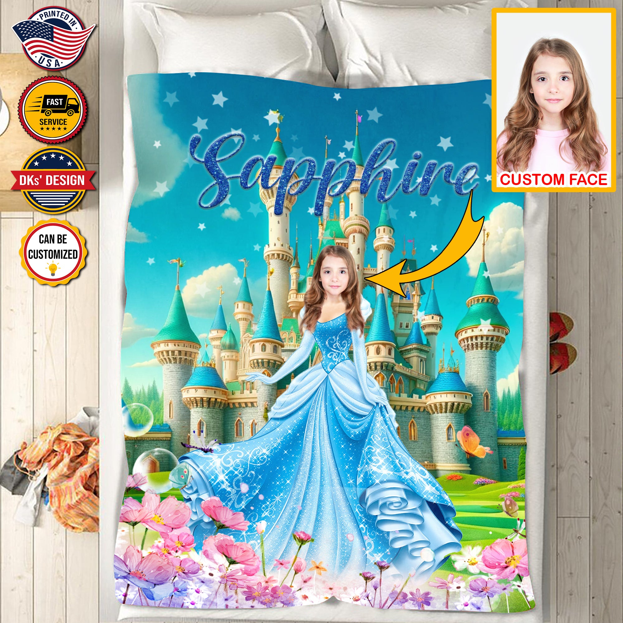 Personalized Fairytale Blanket, Blue Princess And Castle Custom Face And Name Blanket, Girl Blanket, Princess Blanket for Girl, Gift For Daughter