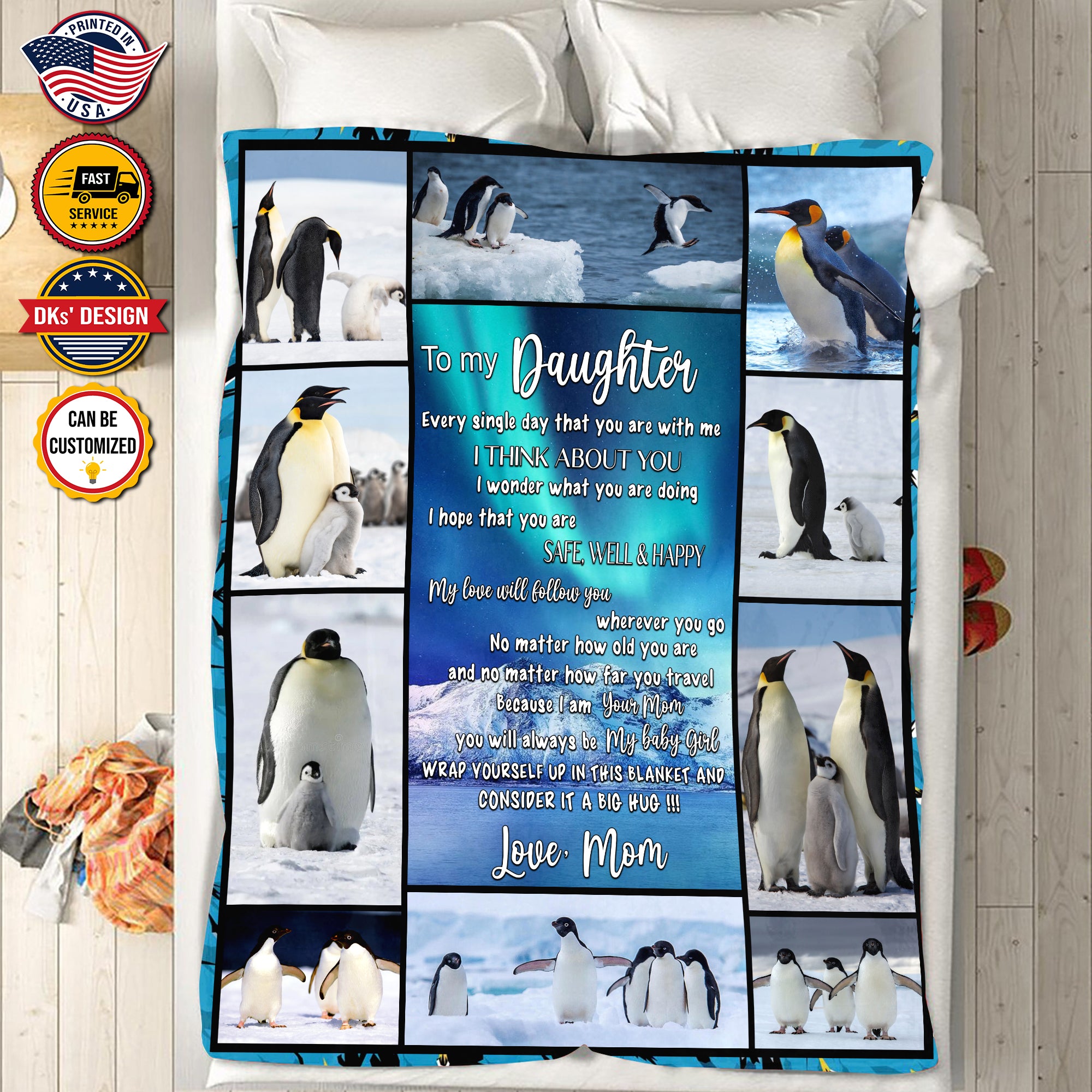 Personalized Penguin To My Daughter Blanket, Message Blanket, Daughter Blanket, Family Penguin Blanket, Blanket for Girl for Daughter