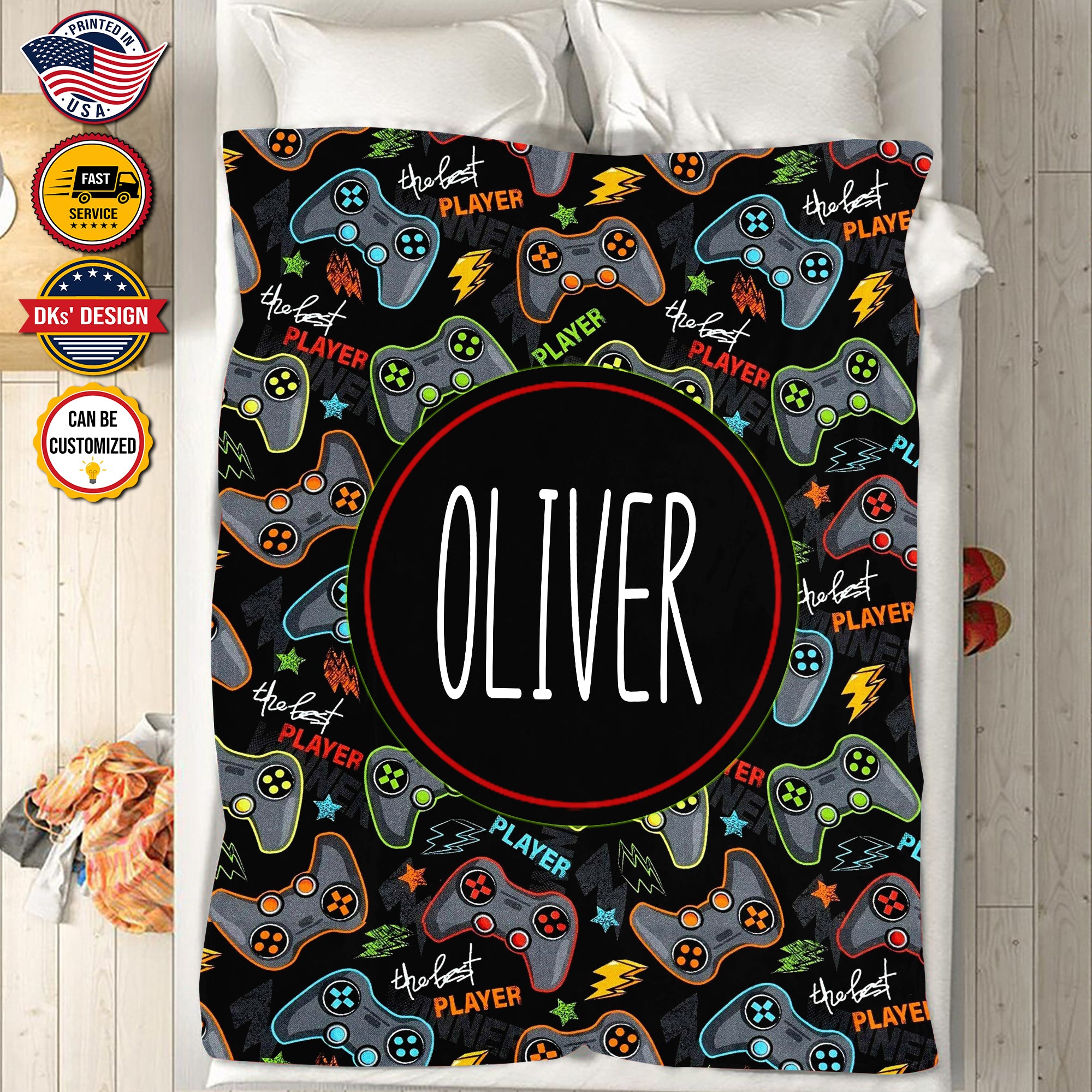 USA Printed Custom Game Blanket, Black Game Pattern Blanket,  Gaming Blanket for Gamer, Custom Name Blanket, Birthday Gift Blanket, Personalized Sherpa Blanket, Fleece Blanket, Gift for Him for Boy for Son