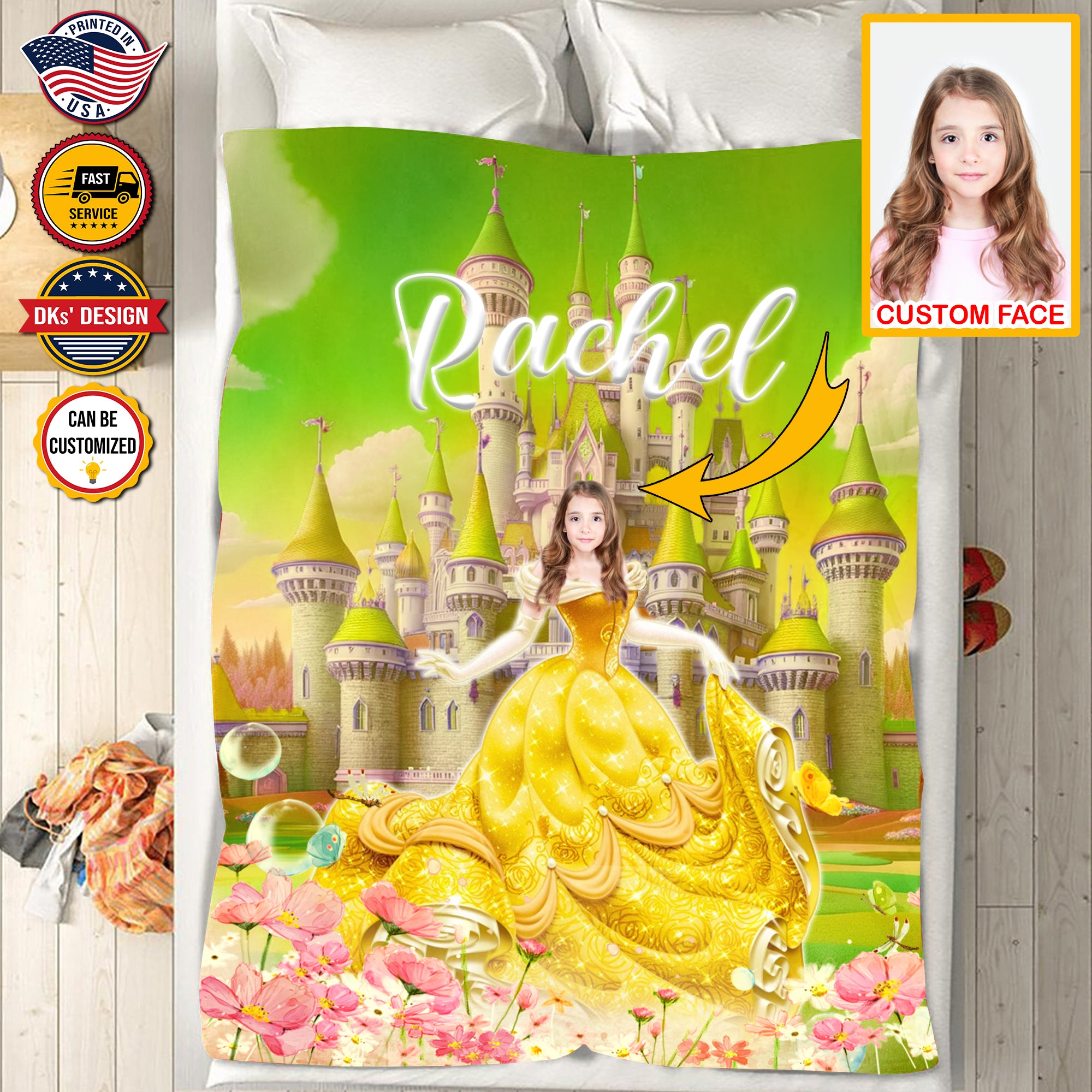 Personalized Fairytale Blanket, Yellow Princess And Castle Blanket, Custom Face And Name Blanket, Girl Blanket, Princess Blanket for Girl