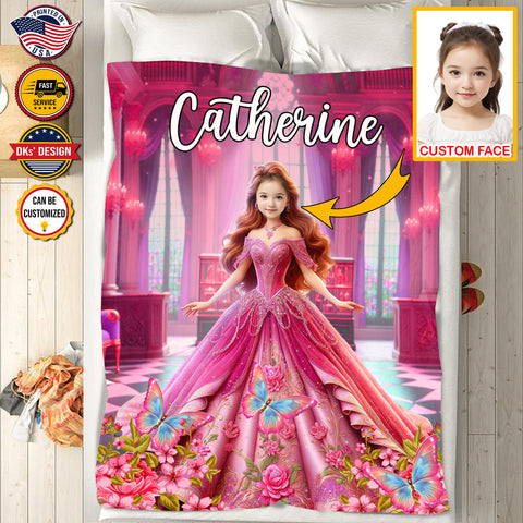 Image of Personalized Fairytale Blanket, Princess With Twilight Castle Luxury Blanket, Custom Face And Name Blanket, Girl Blanket, Princess Blanket for Girl