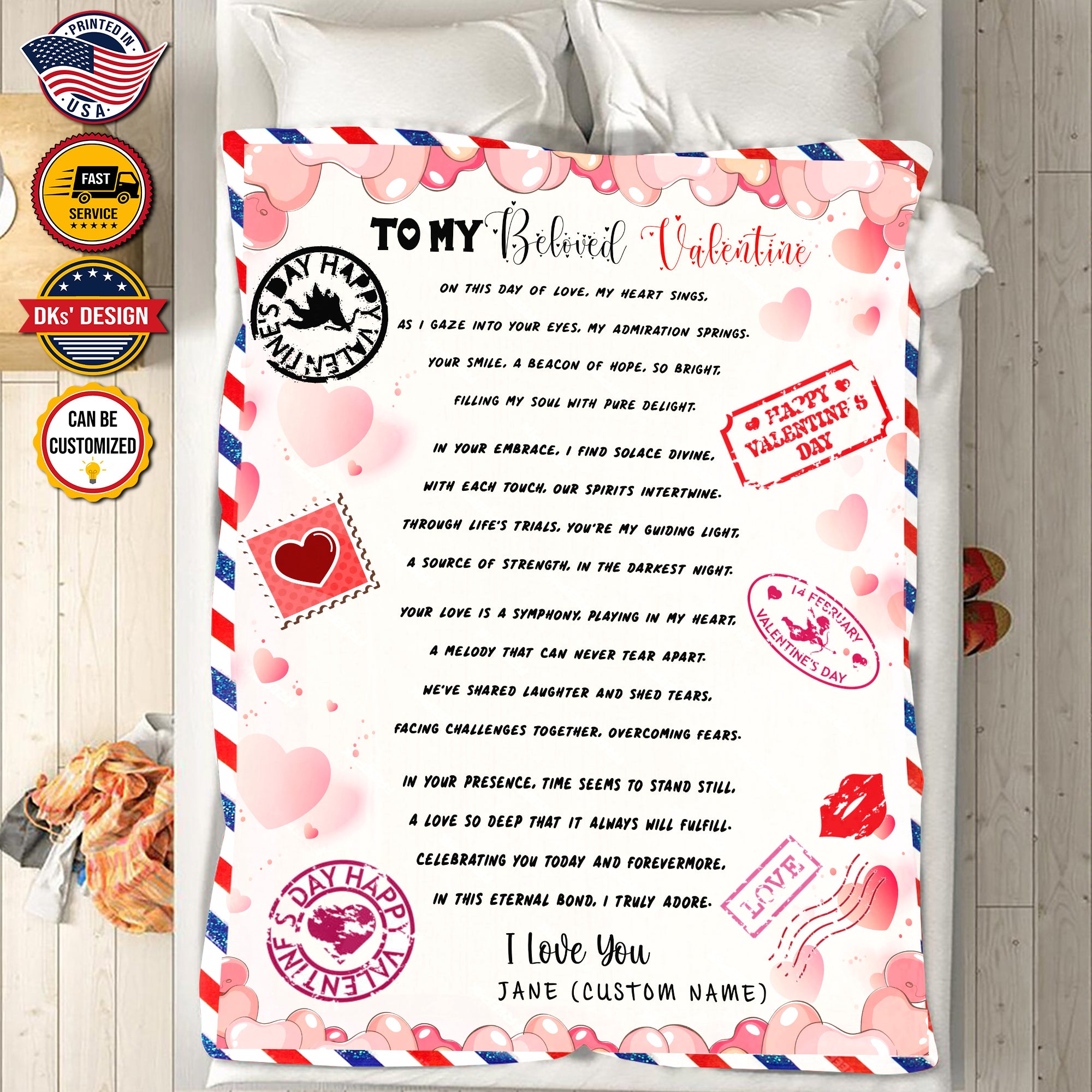 Personalized Name Valentine Blanket, Valentine Love Letters Blanket, Message Blanket, Valentine's Gift