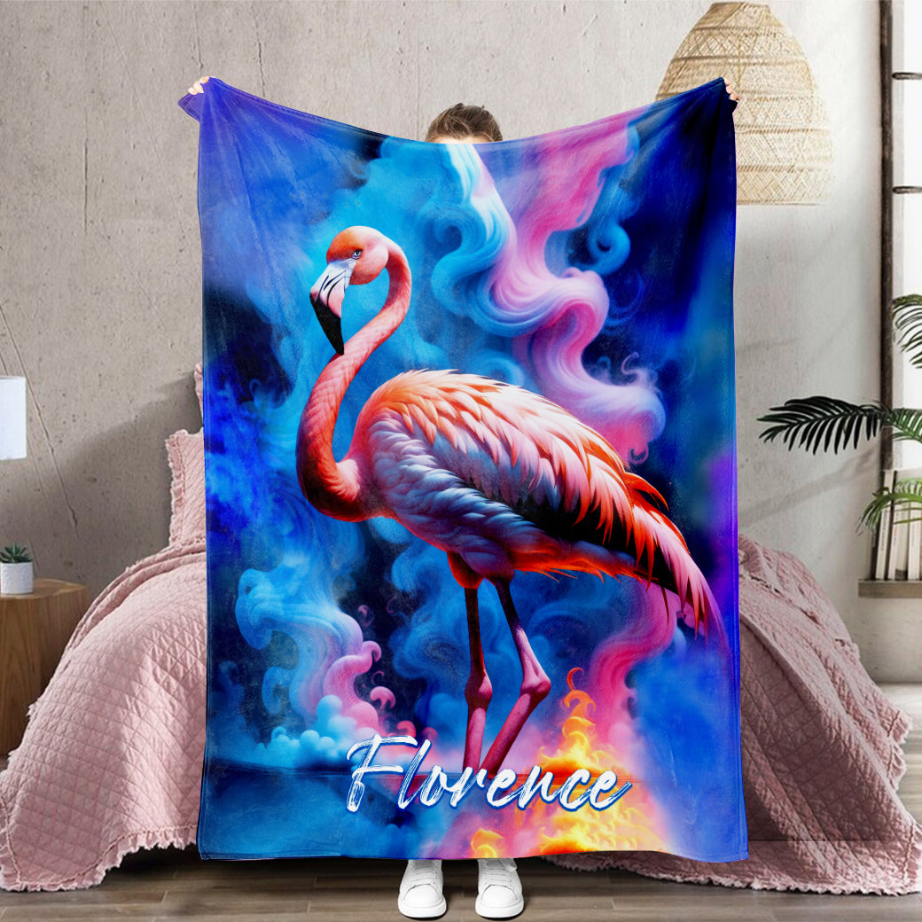 Personalized Name Flamingo Blanket, Psychedelic Smoke Flamingo Blanket, Customized Gifts for Animals Lovers