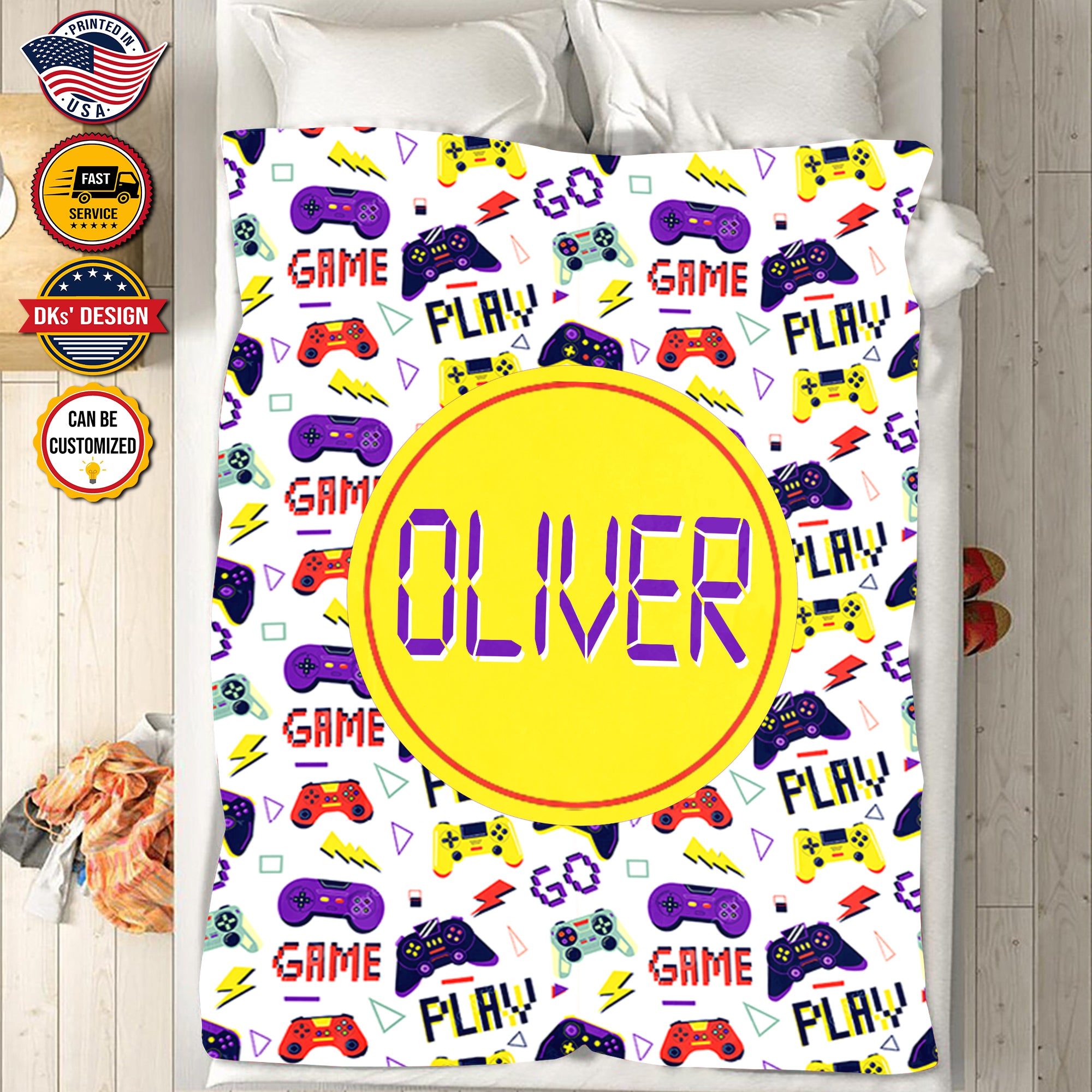 USA Printed Custom Game Blanket, White Game Pattern Blanket,  Gaming Blanket for Gamer, Custom Name Blanket, Birthday Gift Blanket, Personalized Sherpa Blanket, Fleece Blanket, Gift for Him for Boy for Son