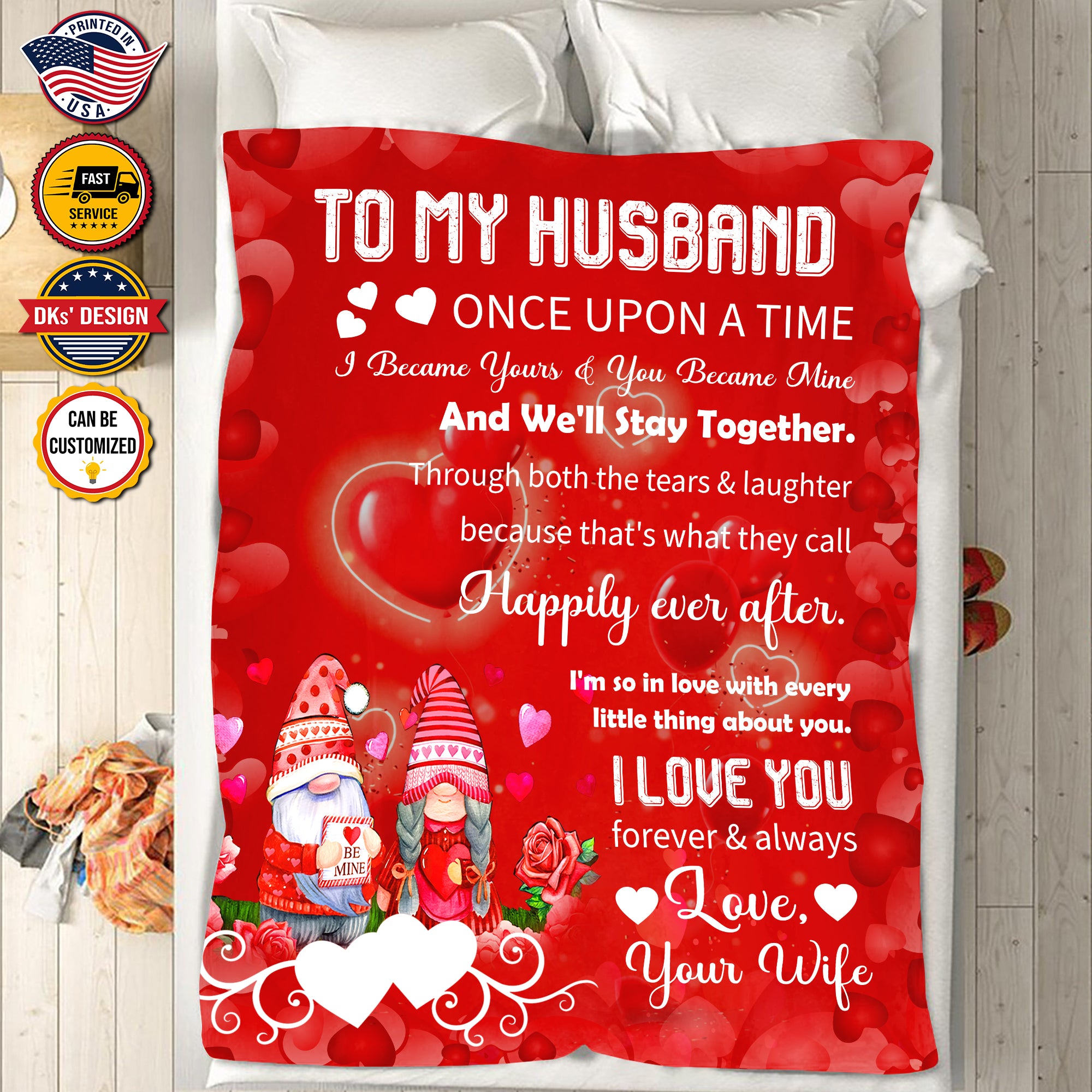 Personalized Valentine Blanket, Custom Valentine Gnomes Be Mine Blanket, To My Husband Blanket, Message Blanket, Valentine's Gift