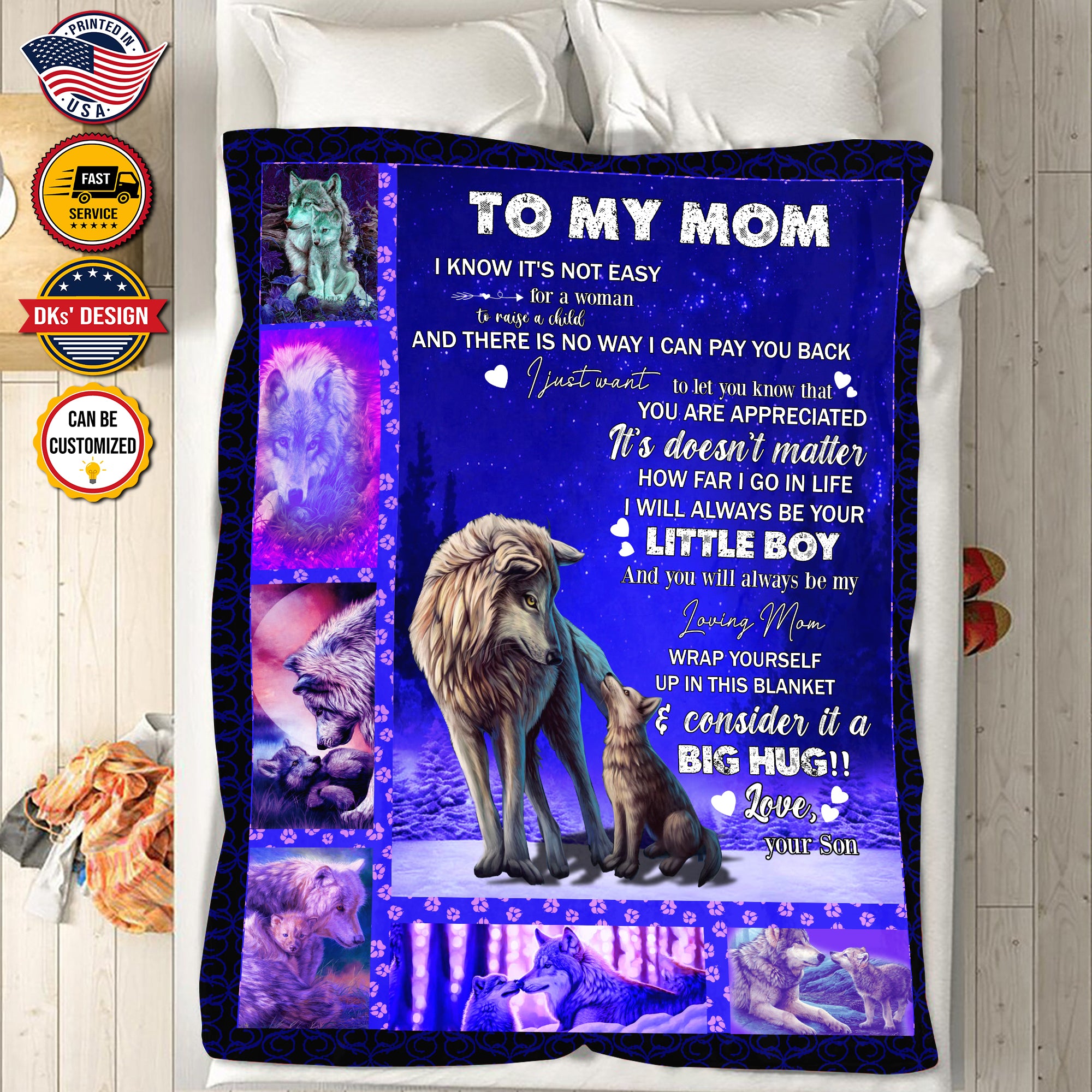 Personalized Mom Blanket, Custom Wolf Mom Blanket, Message Blanket, Mother Blanket, Blanket For Mom From Son, Mother's Day Gift