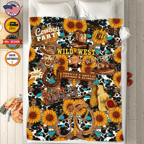 USA Printed Cowboy Blanket, Sunflower Wild West Thrills & Spills Blanket, Personalized Cowboy Blanket, Christmas Cowboy Blanket, Sherpa Blanket, Fleece Blanket, Birthday Gifts, Christmas Gifts