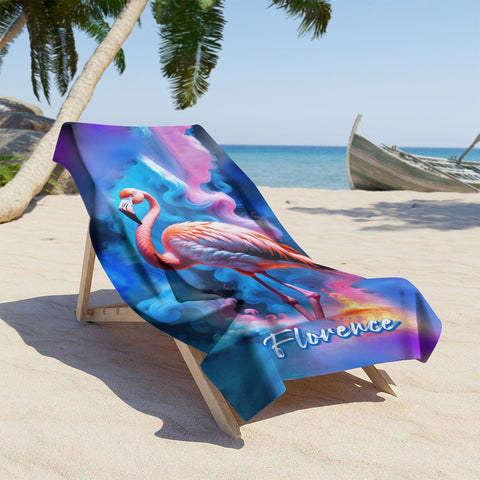 Image of Personalized Name Flamingo Beach Towel, Psychedelic Smoke Flamingo Beach Towel, Customized Gifts for Animals Lovers